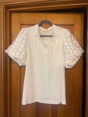 Umgee Ivory Linen Puff Sleeve Tie-Neck Top Size Large